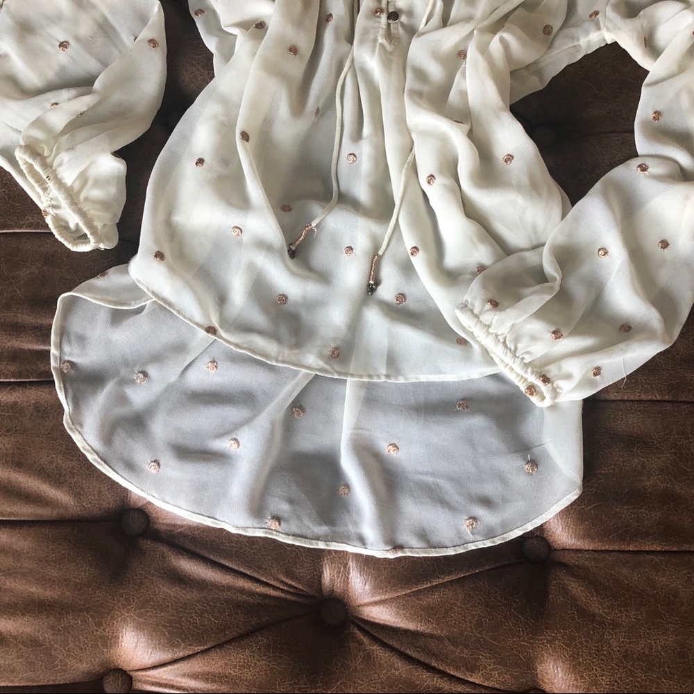 Free People Boho Ivory Gold Embroider Dot Blouse M - Picture 5 of 9